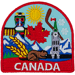 The word Canada above many Canadian symbols.