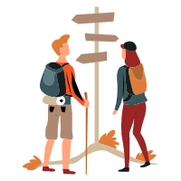 two people looking at a sign post